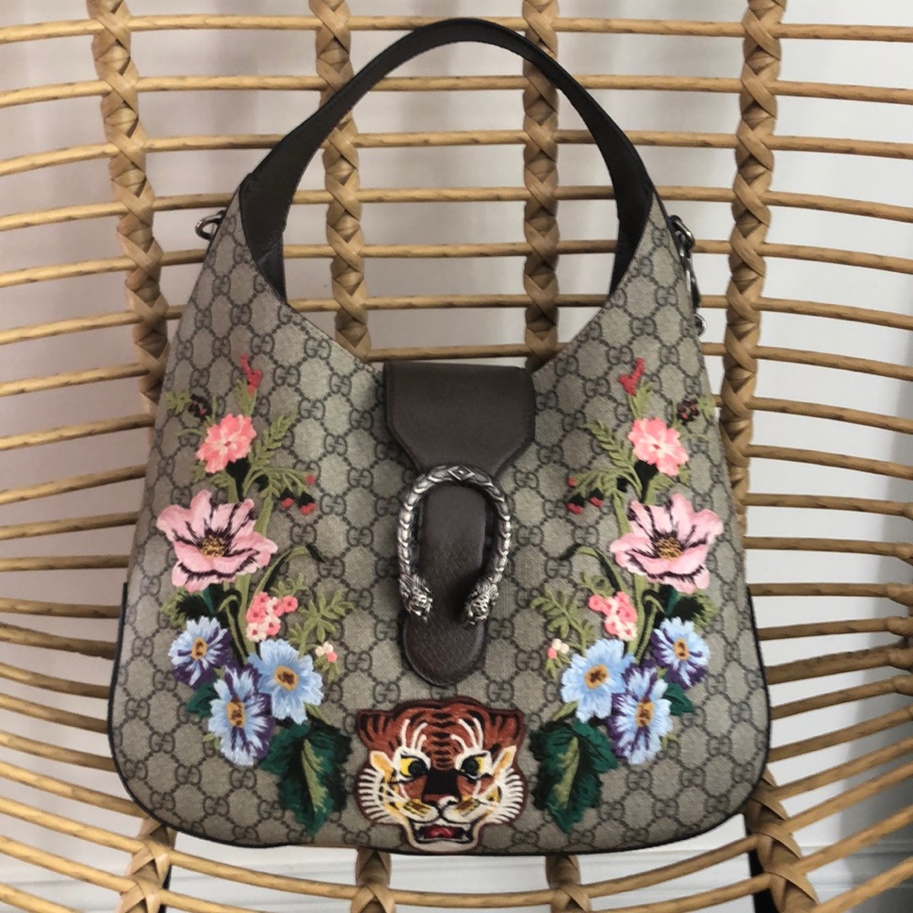 GUCCI DIONYSUS HOBO TIGER HEAD / FLORAL EMBROIDERED BAG W SHOULDER STRAP